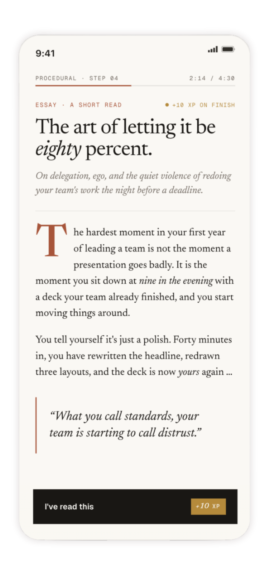 The read · drop cap, pull quote, 4 minutes.